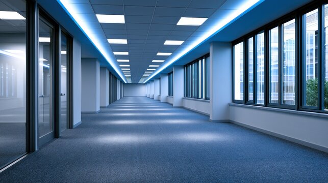 Modern, empty office corridor with blue lighting; large windows, reflective glass doors, and tiled ceiling