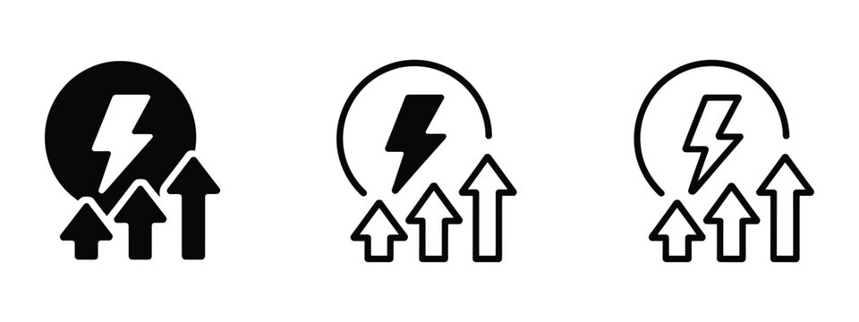 Energy increase vector icon set featuring rising power, lightning bolt, battery charge, vitality, performance boost, stamina, and productivity symbols in solid, outline, and minimalist styles, perfect