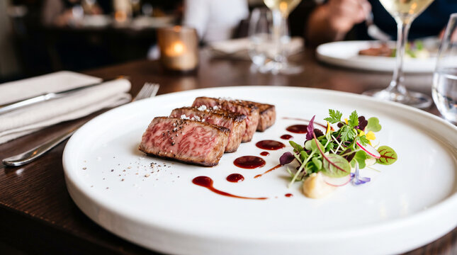 Romantic candlelight dinner for two with beef steak and red wine in a cozy luxury restaurant.