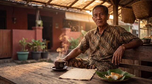 Elderly Indonesian man relaxing at a rustic stall with coffee and snack.