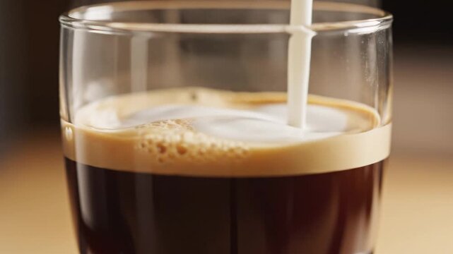 Cream poured into black coffee creating swirl patterns close-up