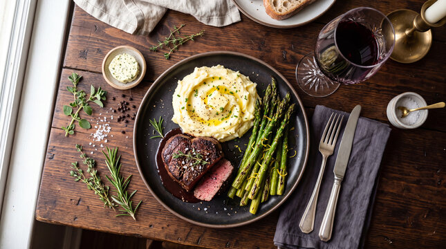 Romantic candlelight dinner for two with beef steak and red wine in a cozy luxury restaurant.