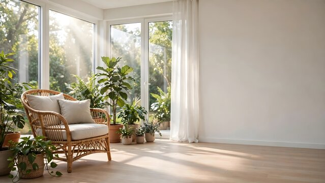 Airy living room interior with wicker armchair and indoor house plants in bright sunlight