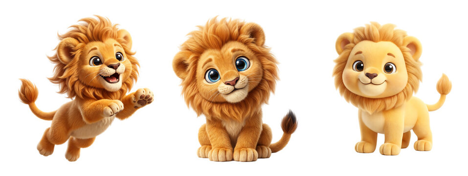 Three playful cartoon lion cubs set isolated with depicted different on transparent background