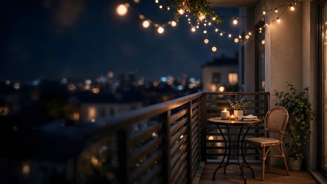 Cozy balcony with warm string lights small table and chair overlooking night city skyline