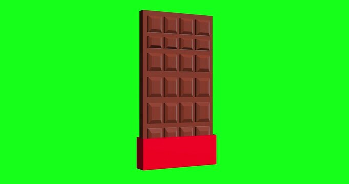 3D chocolate bar animation with red wrapper rotating on green screen background, perfect for food commercials, sweet treats marketing, and creative digital content projects.