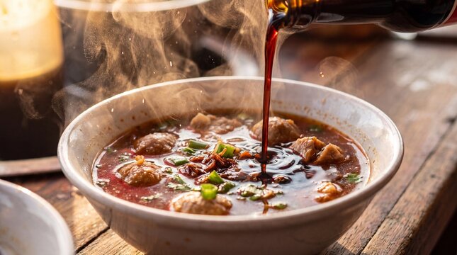 Soy sauce being poured into Indonesian bakso soup in a ceramic bowl.