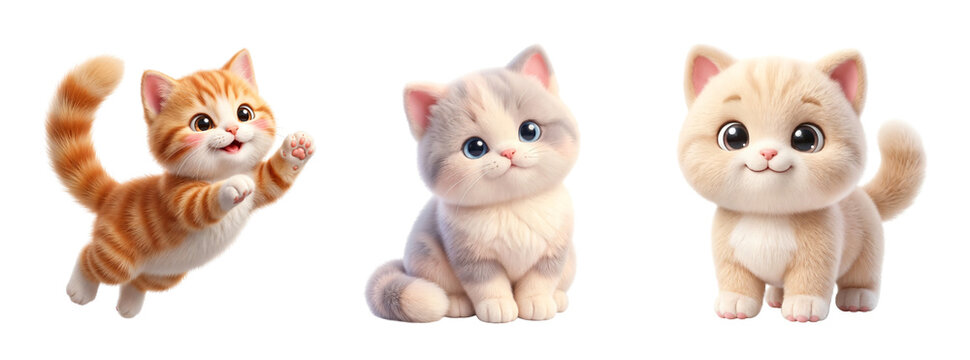 Three adorable cartoon kittens standing and playing with soft fur on transparent background