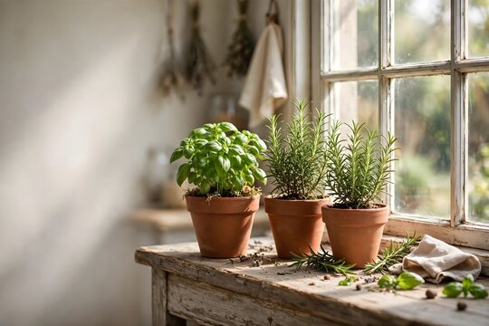 Fresh green herbs in terracotta pots on rustic wooden table by window light