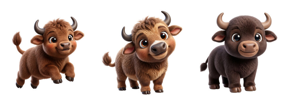 Three cute cartoon baby buffalo characters standing with eyes small horns on transparent background