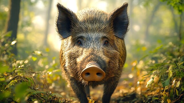 Wild boar facing camera forest sunlight