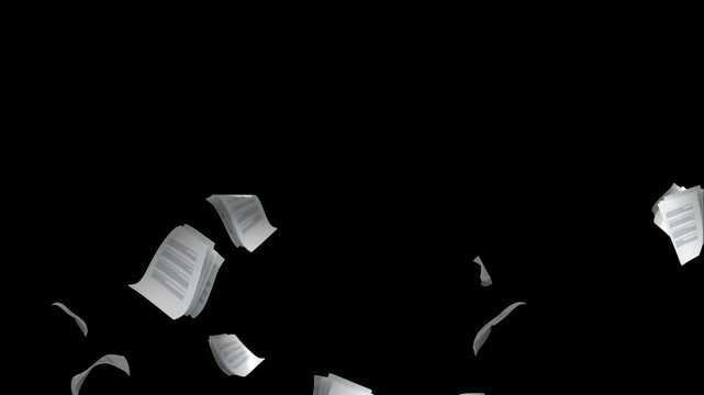 paper documents falling from above overlay, green background. flying sheets of white paper. Blank paper sheets falling down with luma matte, paper sheets flying and explosion effect. documents falling