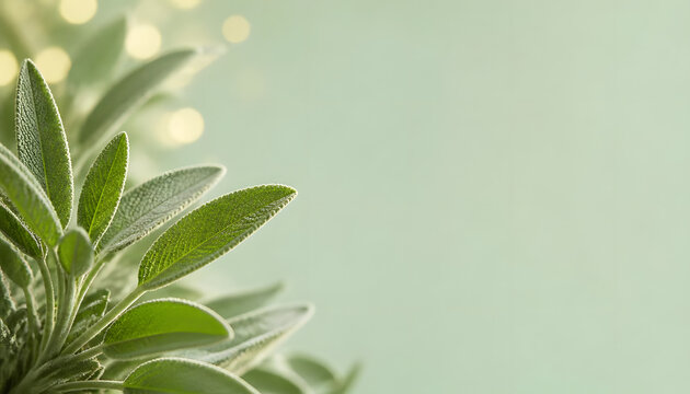 fresh organic sage leaves with natural silvery hairs on mint green background with copy space, herbal sage leaf texture with soft velvet surface and natural veins  flat lay organic wellness background