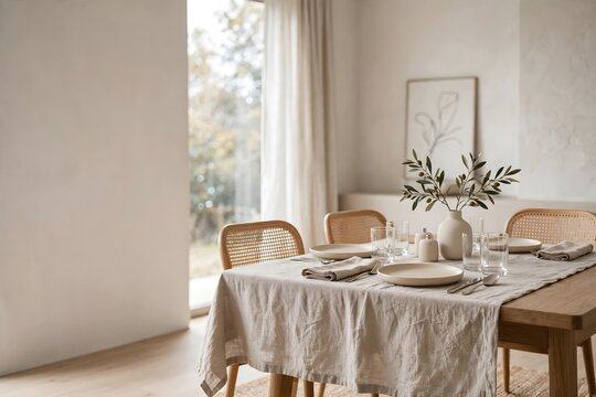 Minimalist dining room interior with linen tablecloth and natural wood furniture daylight