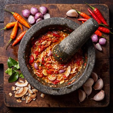 Making sambal paste with mortar and pestle on an oiled wooden board