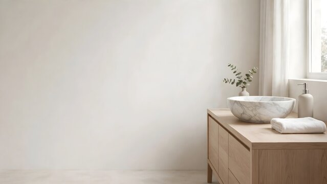 Minimalist modern bathroom interior with marble bowl sink and light wood vanity