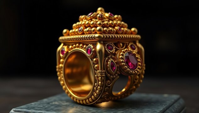Ornate golden statement ring featuring intricate filigree details and vibrant deep red gemstone