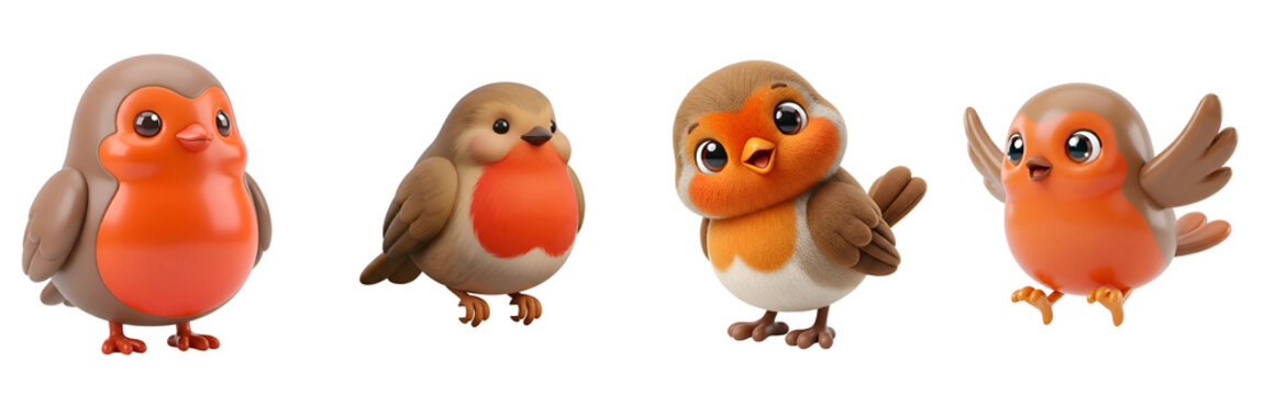 Set of four cute cartoon bird characters isolated with cartoon birds on transparent background