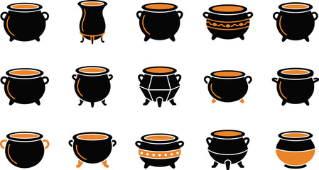A collection of various black iron cauldron designs isolated on a white background for fantasy magic and cooking concepts © vector