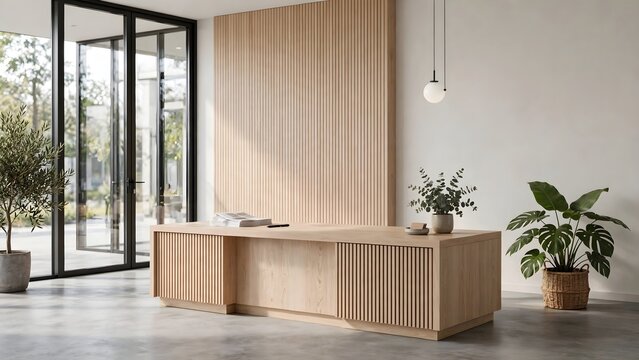 Minimalist wooden reception desk in a bright contemporary lobby with natural light and plants