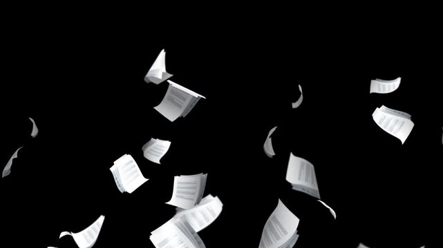 paper documents falling from above overlay, green background. flying sheets of white paper. Blank paper sheets falling down with luma matte, paper sheets flying and explosion effect. documents falling