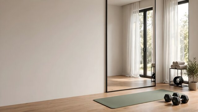 Modern home gym interior with yoga mat dumbbells and mirror on wooden floor