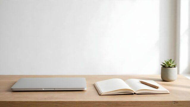 Modern home office desk with silver laptop open notebook and plant on white background