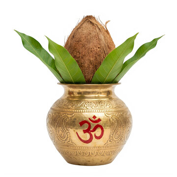 Traditional hindu kalash with coconut and mango leaves for religious ritual and festival worship