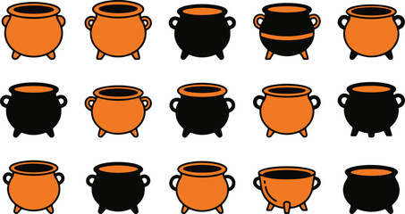 Set of fifteen hand drawn cauldron icons in black and orange colors for halloween design and magic themed projects © vector