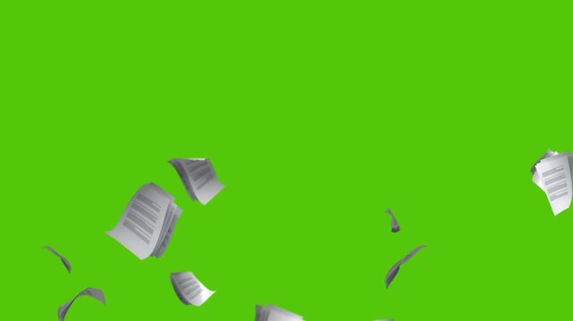 paper documents falling from above overlay, green background. flying sheets of white paper. Blank paper sheets falling down with luma matte, paper sheets flying and explosion effect. documents falling