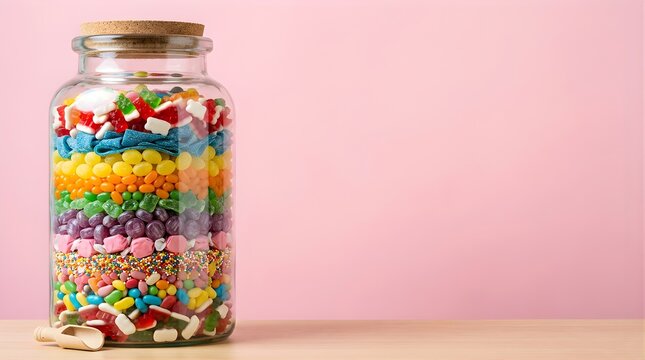 Glass jar filled with colorful assorted candies on a pink background