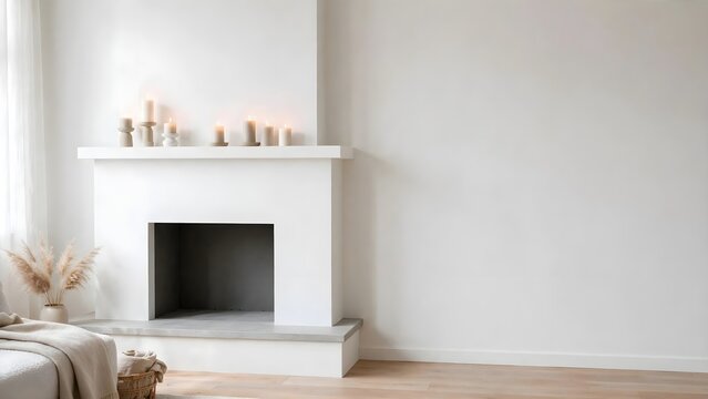 Modern white fireplace with minimalist interior design and copy space on white wall