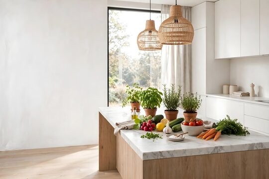 Modern white kitchen interior with fresh vegetables and potted herbs on island counter