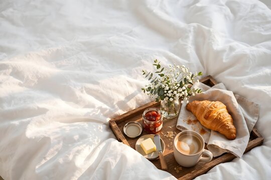 Morning breakfast in bed with fresh croissant coffee and white flowers on wooden tray