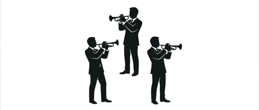 Silhouettes of musicians playing trumpets in suits