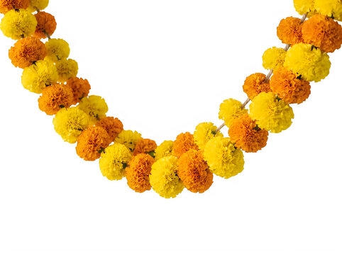 Beautiful garland made of bright yellow and orange marigold flowers for traditional decoration
