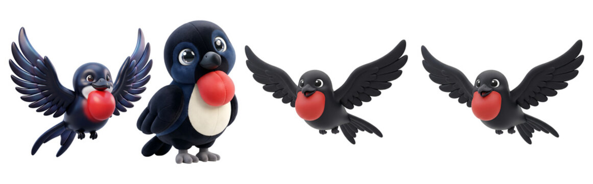 Set of cute cartoon bird characters with red throats with collection on transparent background