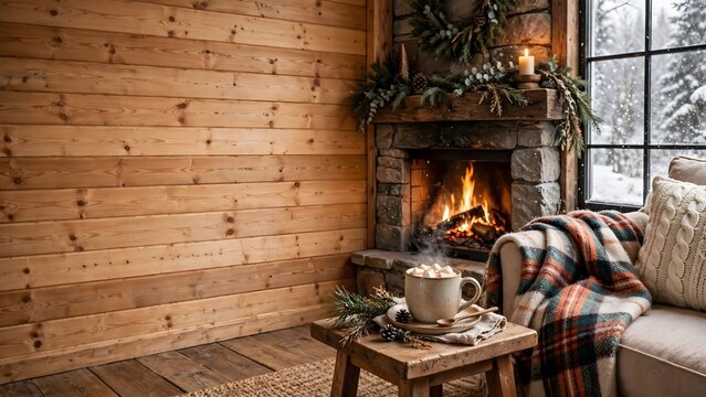 Warm winter cabin interior with stone fireplace burning fire and hot cocoa by snowy window