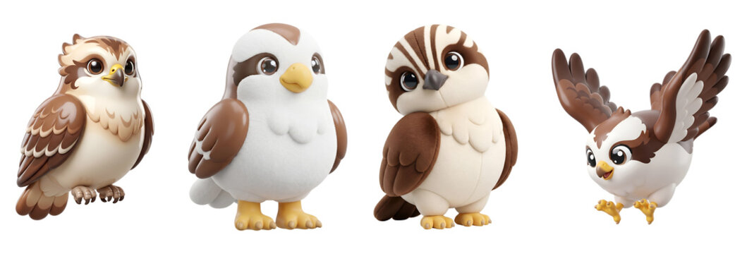 Set of four cute cartoon bird characters isolated with cartoon birds on transparent background