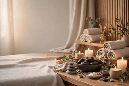 Zen spa massage room interior with hot stones candles and rolled towels