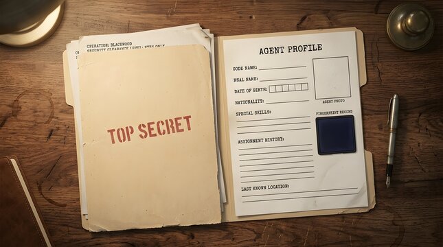 Open Top Secret Dossier With Blank Agent Profile On Wooden Desk