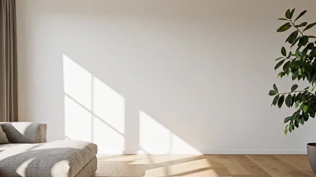 Modern Scandinavian Living Room with Large Blank White Wall and Ficus Tree