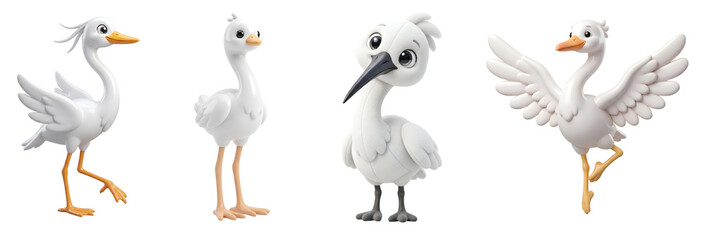 Obraz premium Set of cute cartoon stork characters in various poses with collection on transparent background