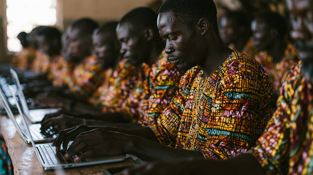 Group of African students wearing traditional colorful patterned clothes sitting in a row using laptops in computer class.