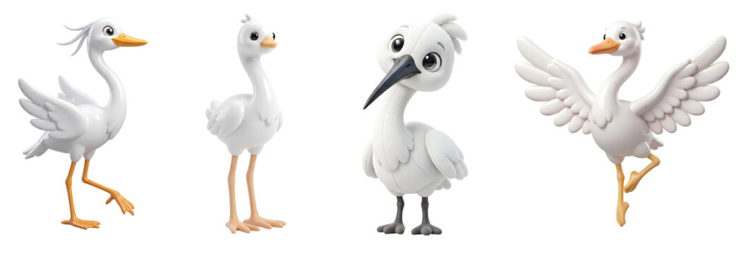 Set of cute cartoon stork characters in various poses with collection on transparent background