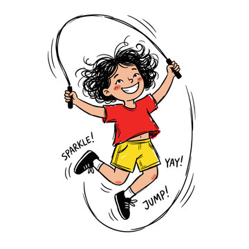 Energetic girl jumping with jump rope, laughing, phrases sparkle yay jump, outdoor activity.