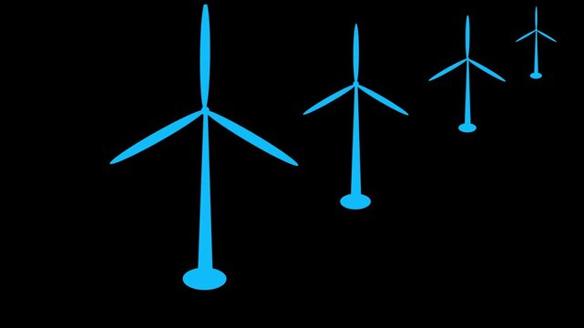 Windmills rotation loop side view isolated, Animated wind turbine video