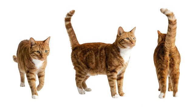 Three views of a cute ginger tabby cat standing and walking