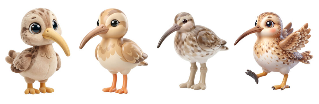 Four adorable cartoon shorebird characters featuring various playful poses on transparent background
