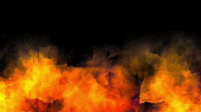 Fire flames rise in a dense cloud of orange and yellow heat against a solid black background creating a powerful representation of combustion and intense thermal energy.